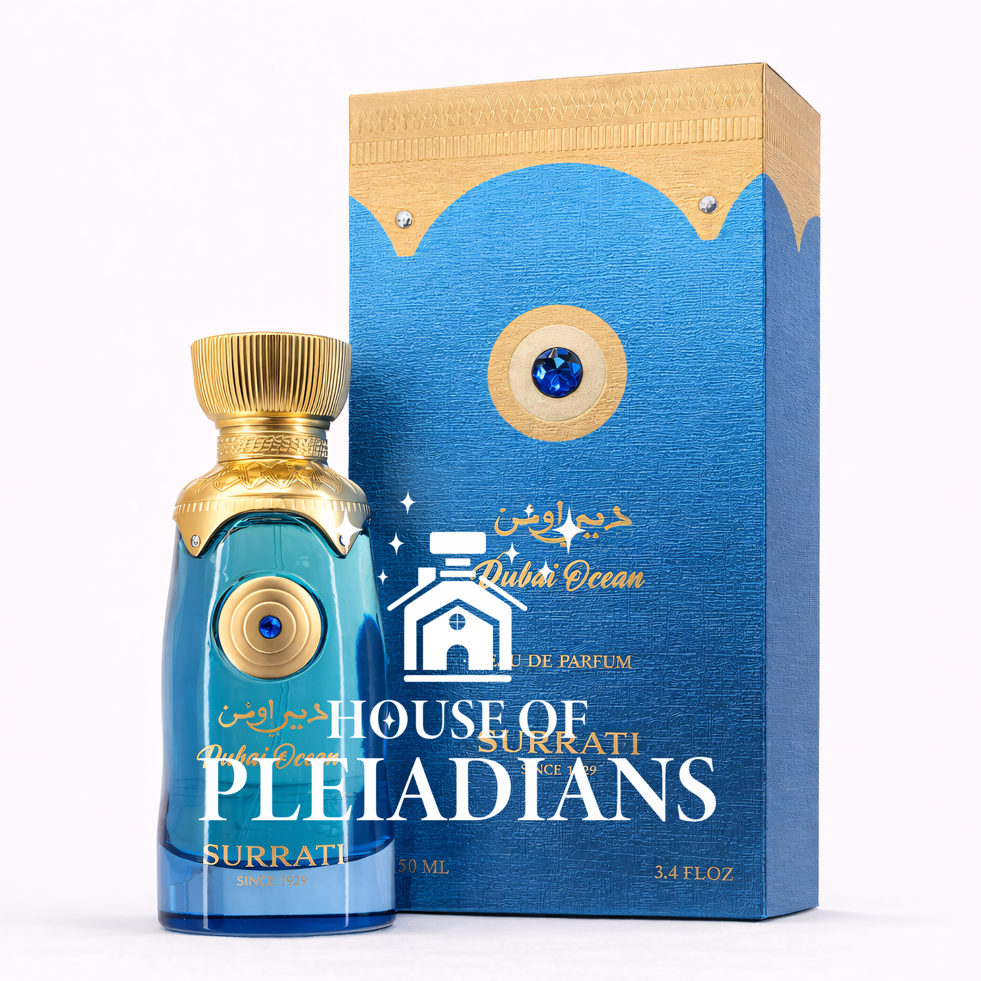 Surrati Dubai Ocean Eau de Parfum 100ml blue and gold bottle with matching box Middle Eastern perfume UK