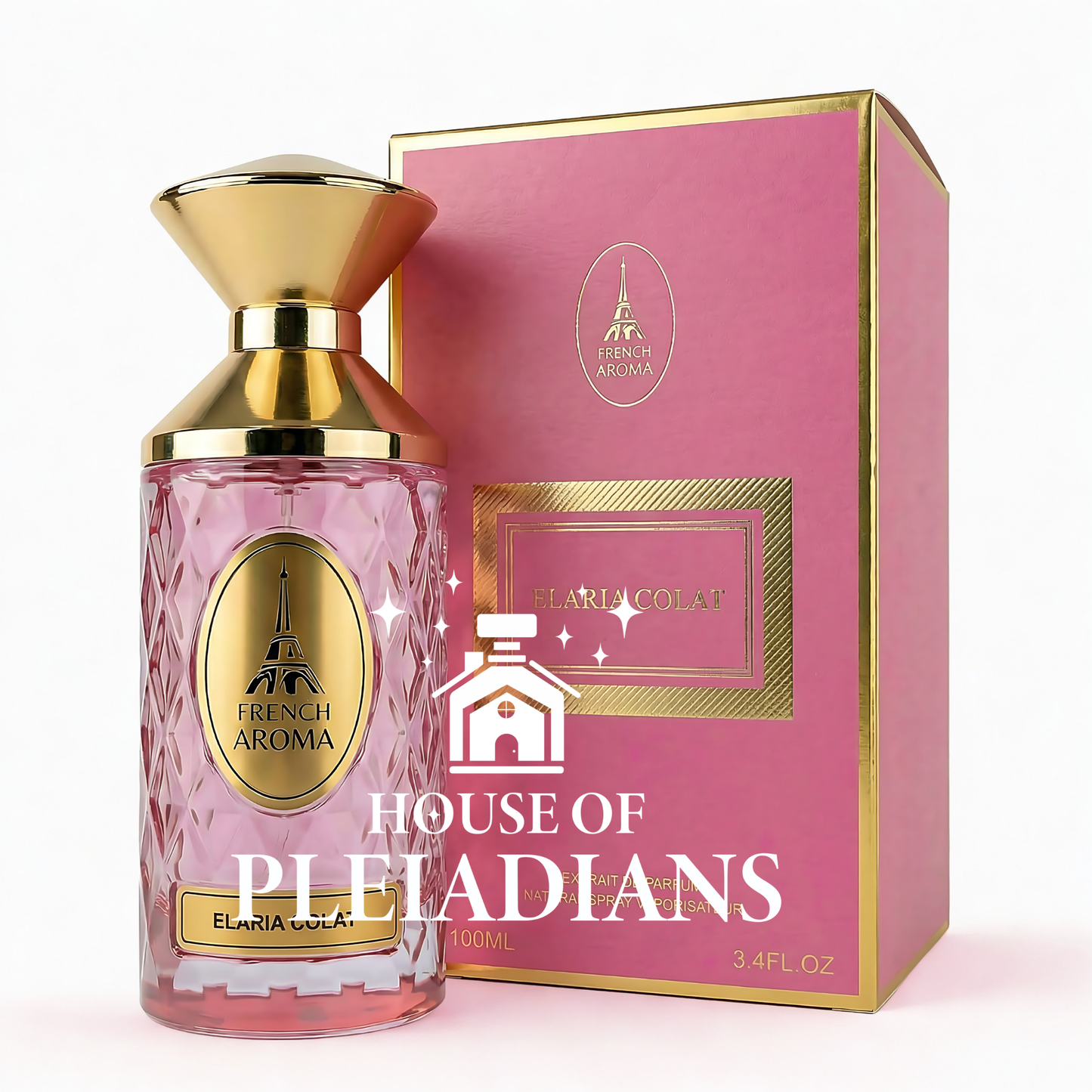 Perfume bottle and packaging with 'French Aroma' branding on a white background