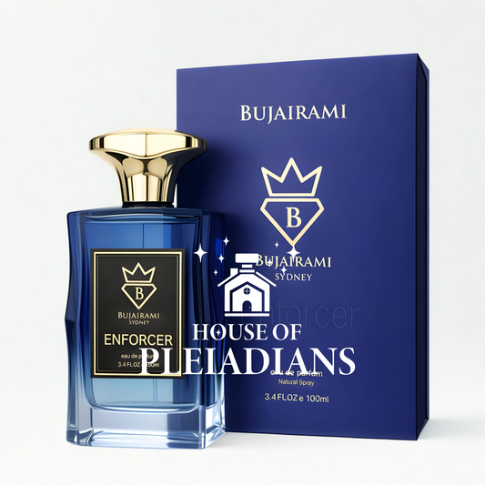 Blue perfume bottle with gold cap and matching box labeled 'Bujairami' on a white background