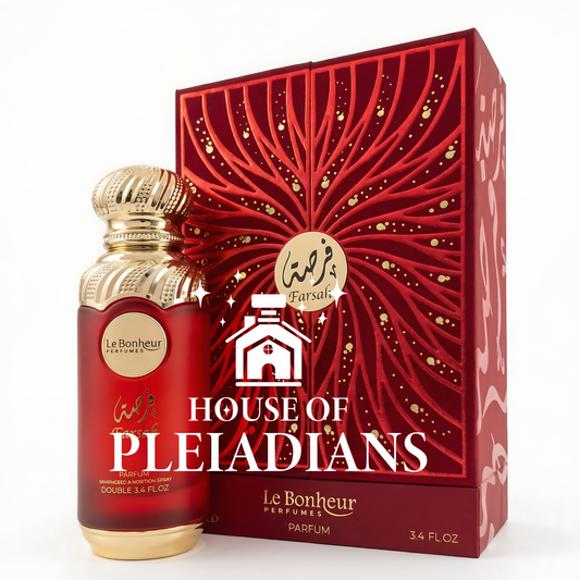 Red and gold perfume bottle with packaging labeled 'House of Pleiadians' on a white background