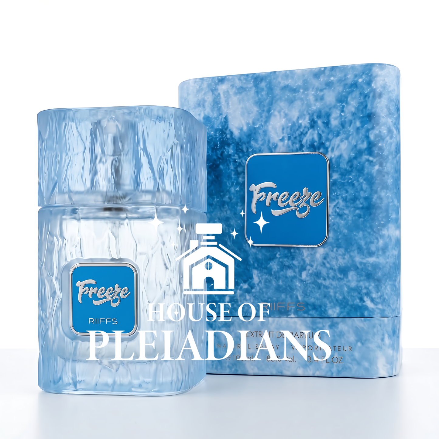 Blue bottle and packaging of 'Freeze' with 'House of Pleiadians' branding on a white background