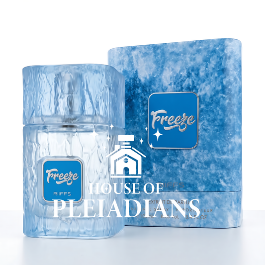 Blue bottle and packaging of 'Freeze' with 'House of Pleiadians' branding on a white background