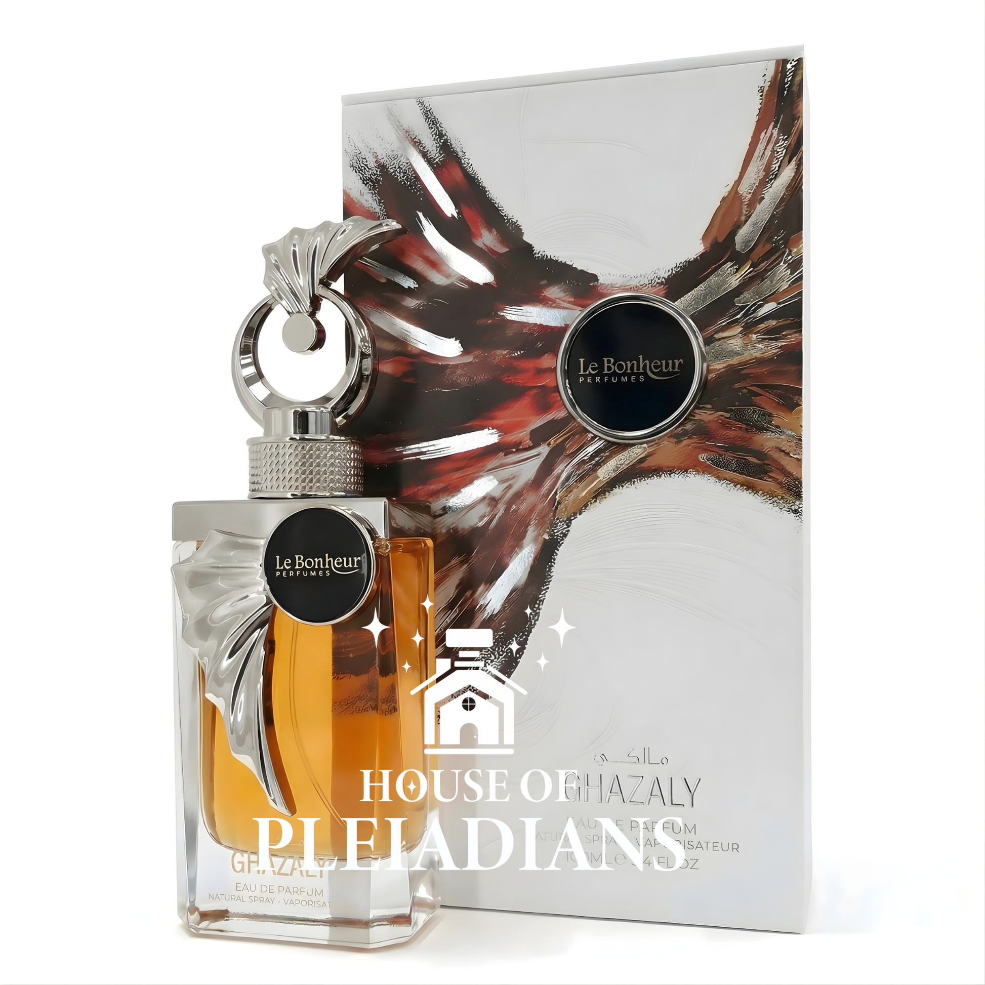 Perfume bottle with packaging featuring 'Le Bonheur' branding on a white background