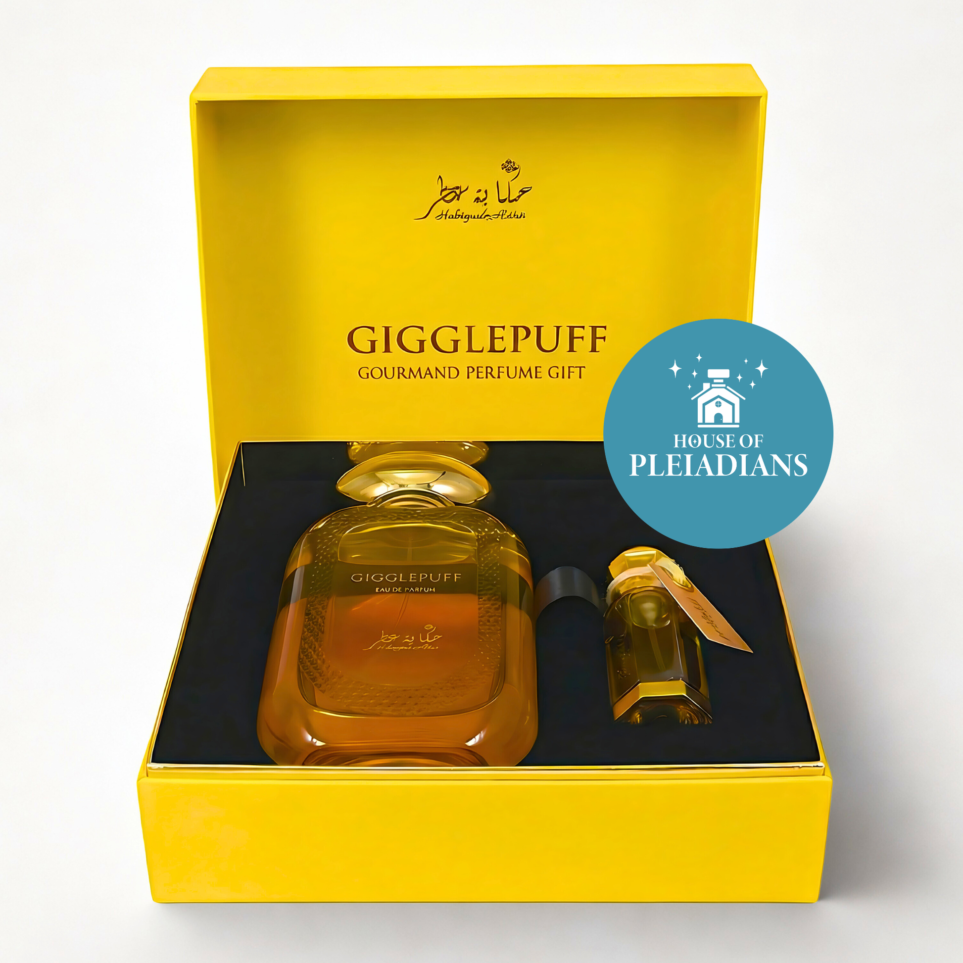 Gigglepuff perfume gift set with yellow box and 'House of Pleiadians' logo.