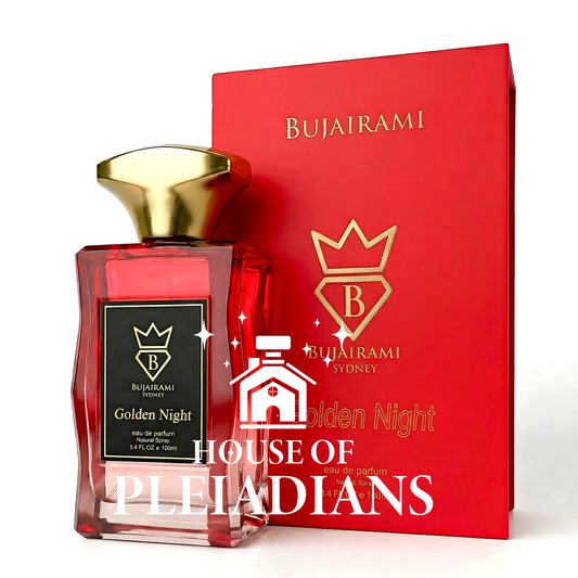 Bujairami Golden Night 100ml Eau de Parfum red glass bottle with gold cap and box Middle Eastern perfume UK