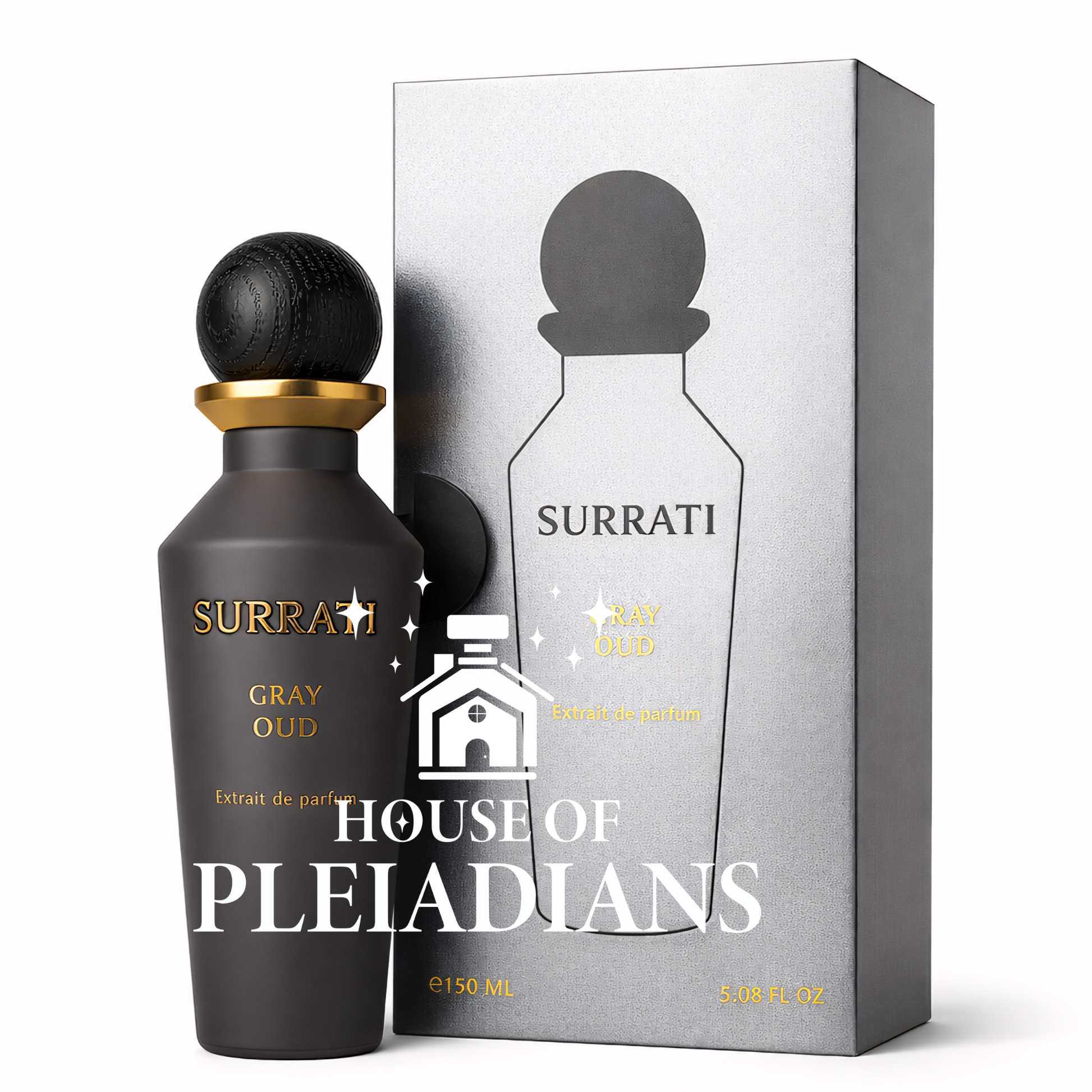 Surrati Gray Oud perfume bottle with packaging on a white background