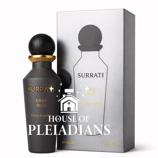 Surrati Gray Oud perfume bottle with packaging on a white background