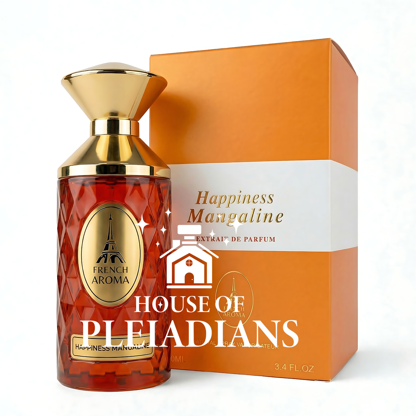 Perfume bottle with gold cap and orange packaging labeled 'House of Pleiadians' on a white background
