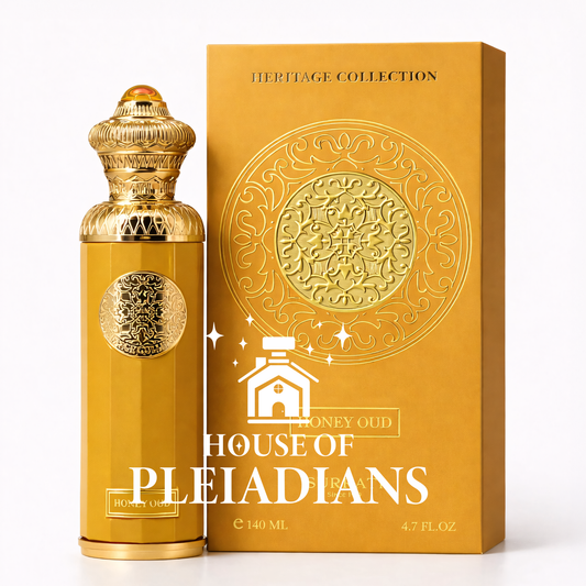 Gold perfume bottle and packaging of House of Pleiadians on a white background
