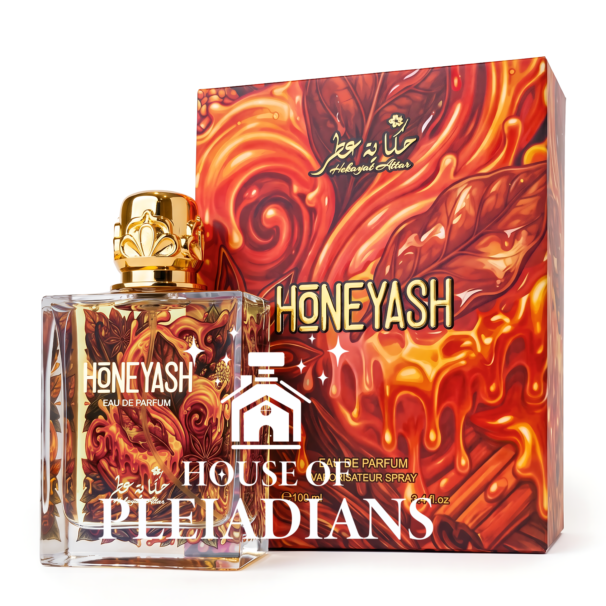 Honeyash Hekayat Attar perfume bottle and luxury honey artwork packaging UK