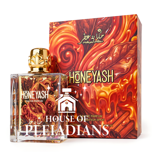 Honeyash Hekayat Attar perfume bottle and luxury honey artwork packaging UK