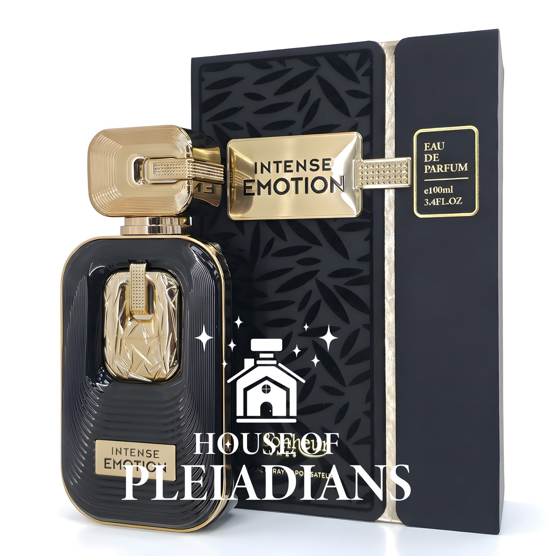 Perfume bottle and packaging of 'Intense Emotion' by House of Pleiadians on a white background