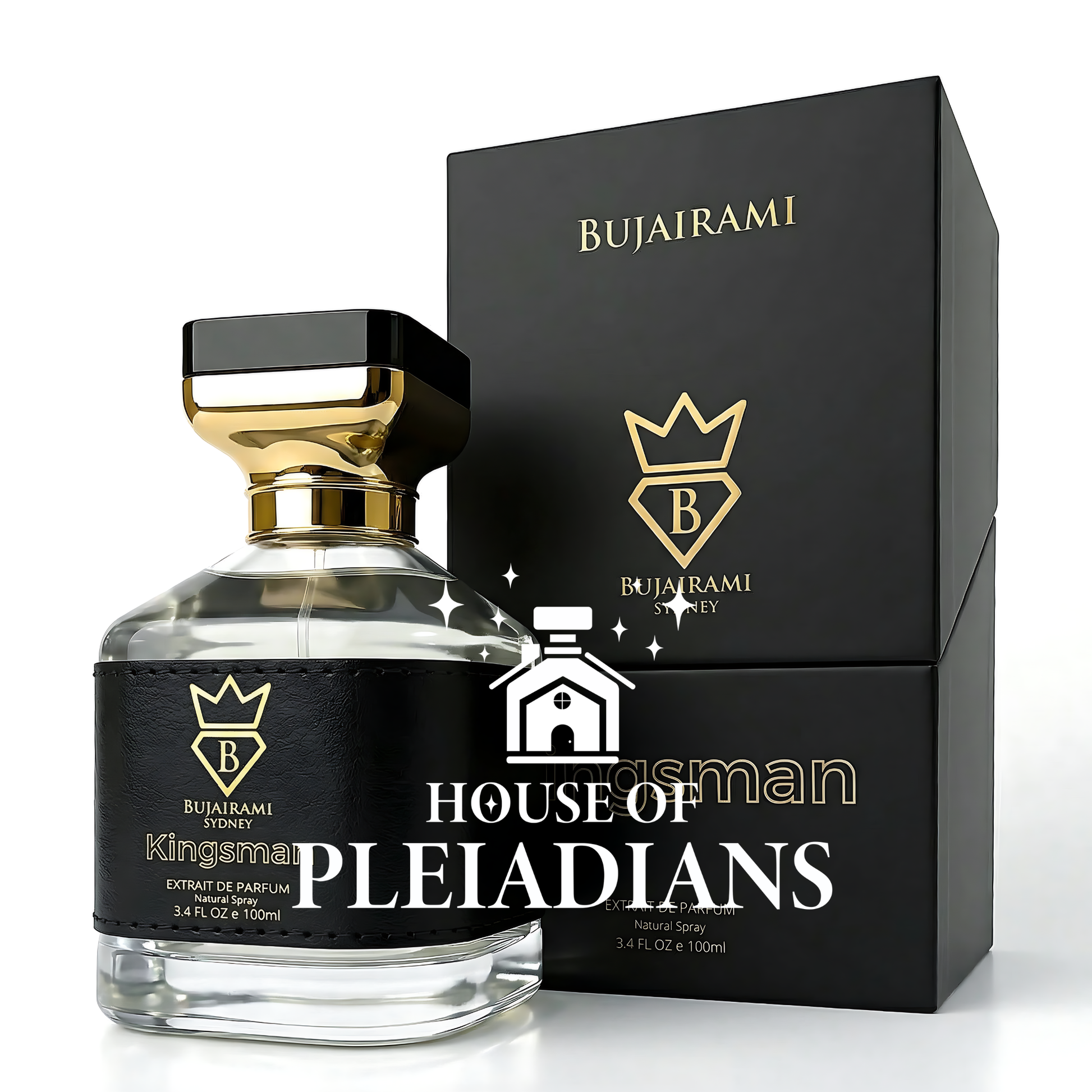 Bujairami Sydney Kingsman extrait de parfum – clear glass bottle with gold-tone cap – 100 ml / 3.4 fl oz natural spray