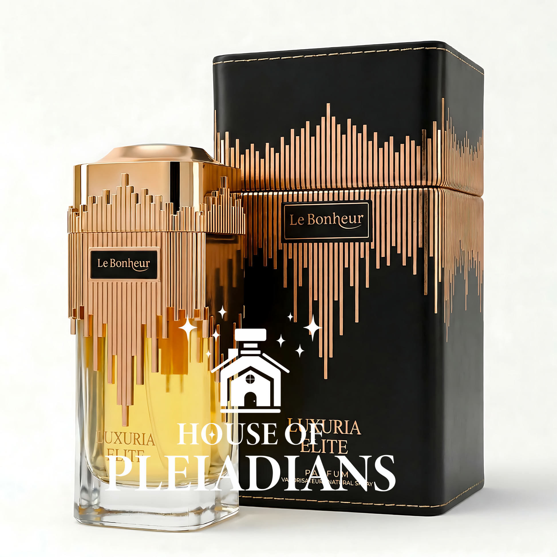 Luxuria Elite eau de parfum by Le Bonheur Perfumes – House of Pleiadians – clear glass flacon with gold-tone cap and minimal label – 3.4 fl oz natural spray