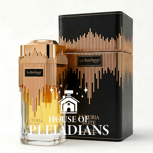 Luxuria Elite eau de parfum by Le Bonheur Perfumes – House of Pleiadians – clear glass flacon with gold-tone cap and minimal label – 3.4 fl oz natural spray