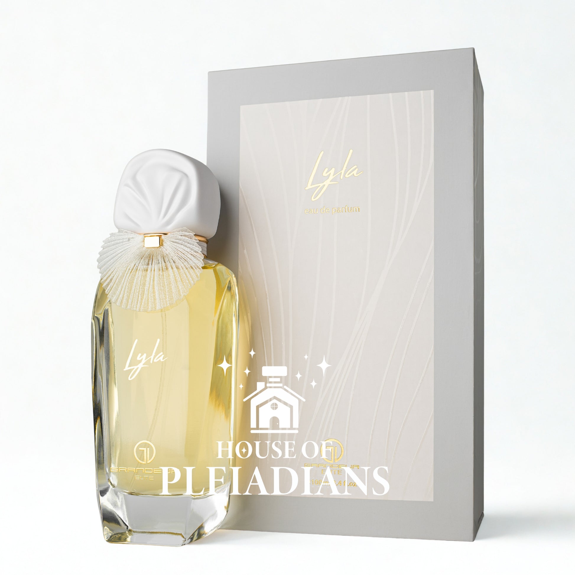 Perfume bottle and packaging with 'House of Pleiadians' branding on a white background