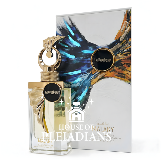 Perfume bottle with gold cap and House of Pleiadians branding on a white background