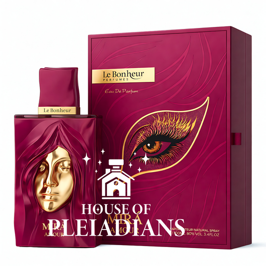 Le Bonheur Mira Amour 100ml Eau de Parfum red bottle with gold face design and box Middle Eastern perfume UK