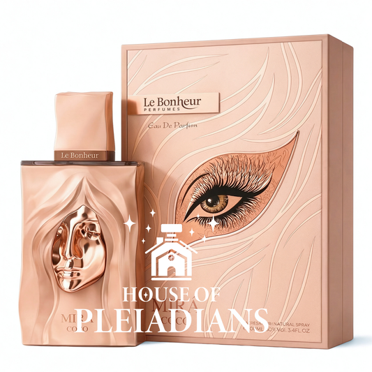 Le Bonheur Mira Coco 100ml Eau de Parfum rose gold bottle with sculpted face design and box Middle Eastern perfume UK