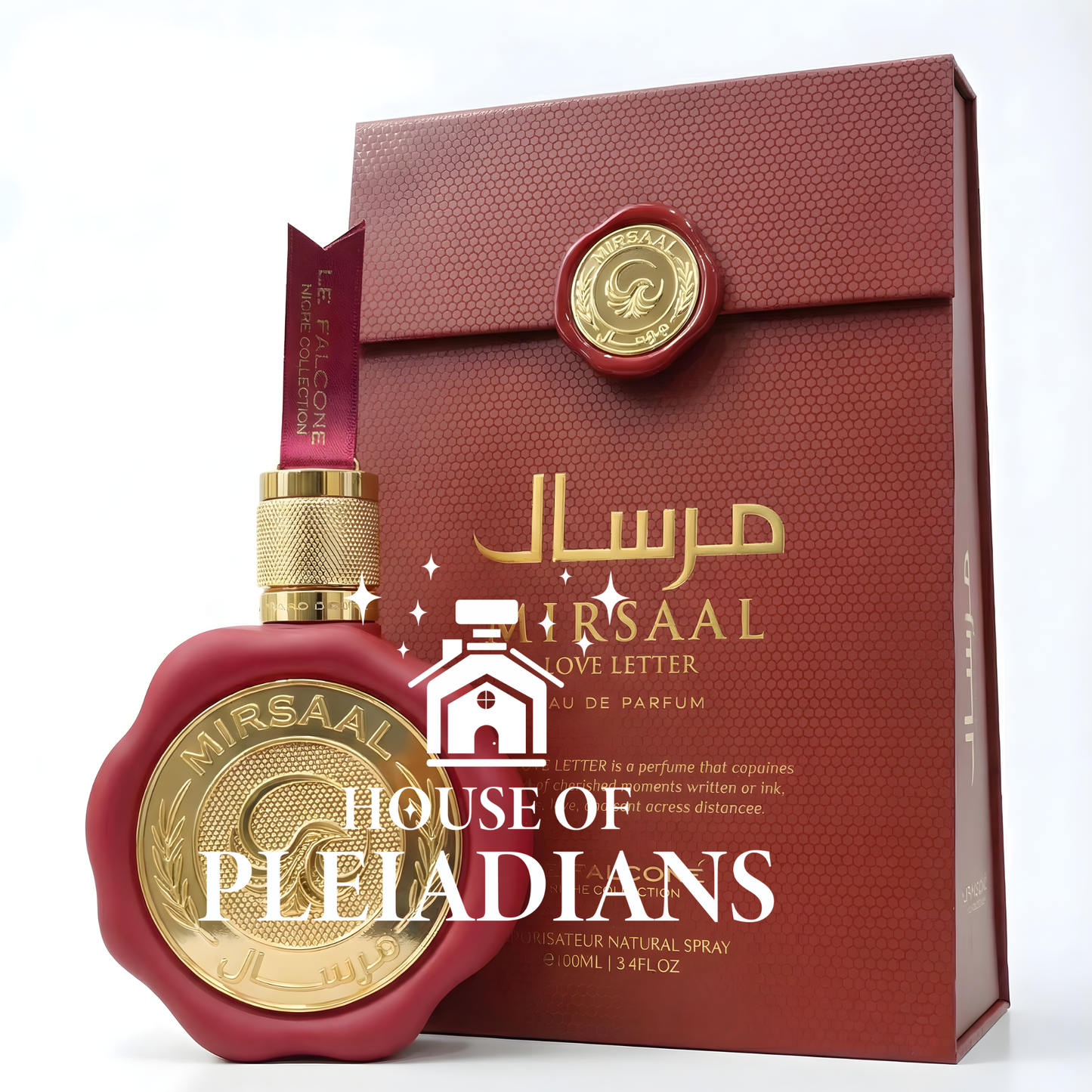 Red and gold perfume bottle with packaging featuring 'House of Pleladians' branding on a white background.