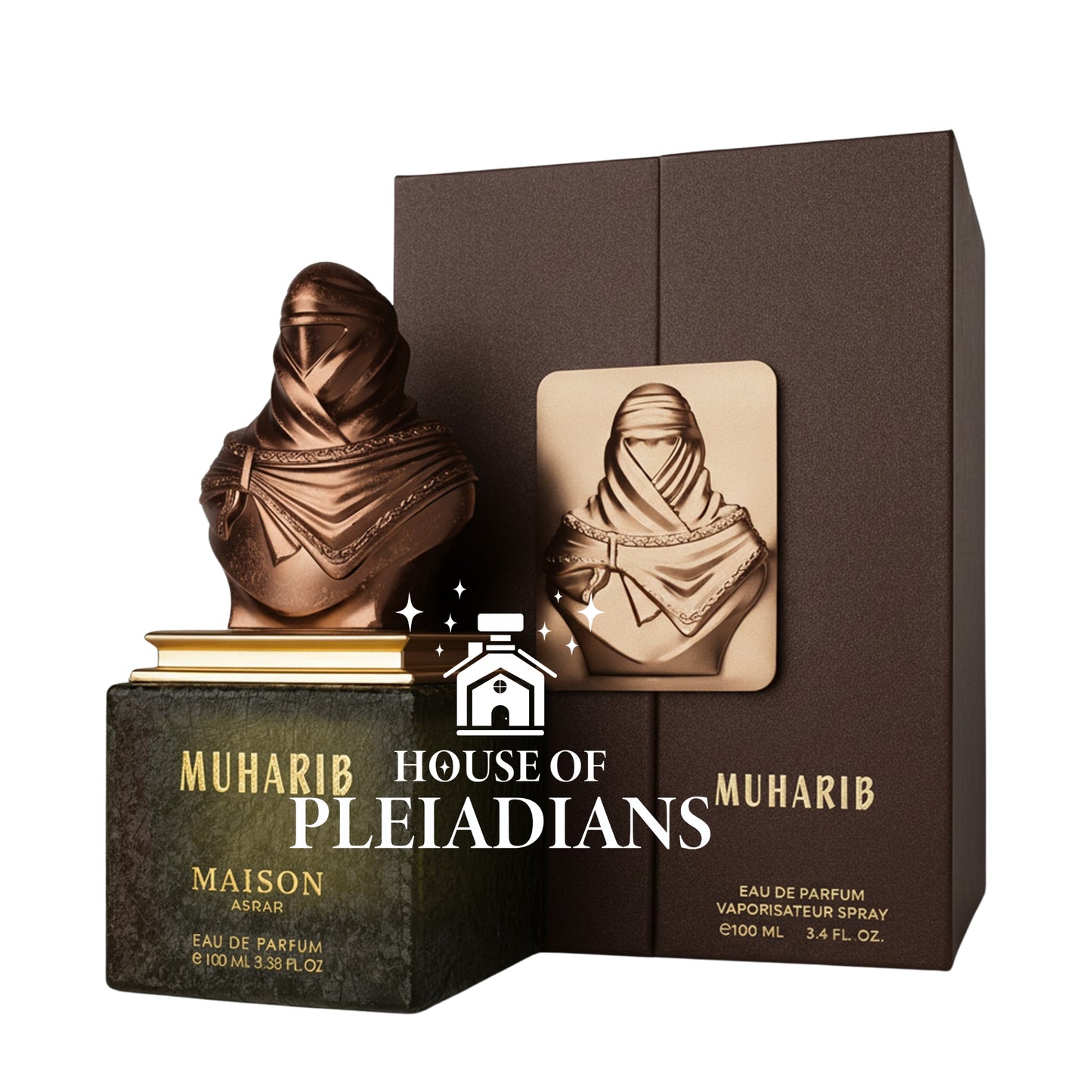 Muharib perfume bottle and packaging with 'House of Pleiadians' branding on a white background