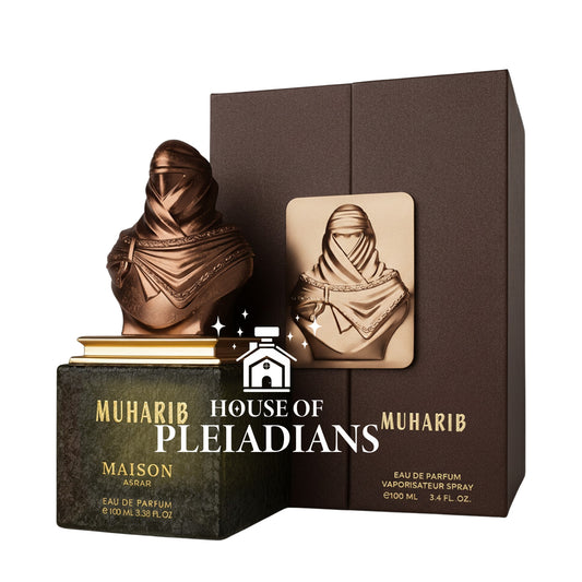Muharib perfume bottle and packaging with 'House of Pleiadians' branding on a white background