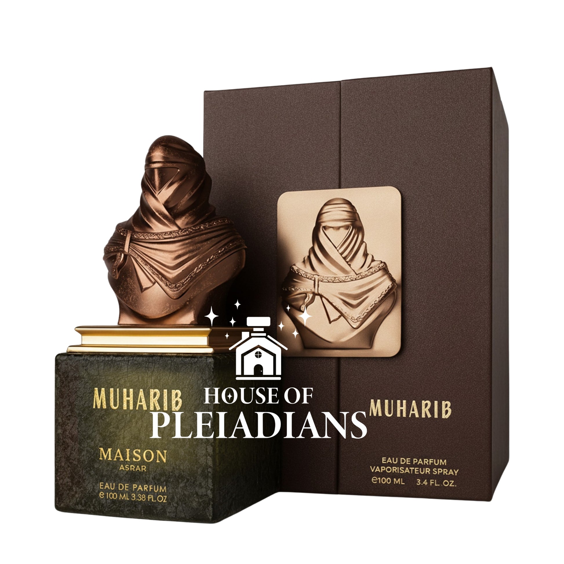Muharib perfume bottle and packaging with 'House of Pleiadians' branding on a white background