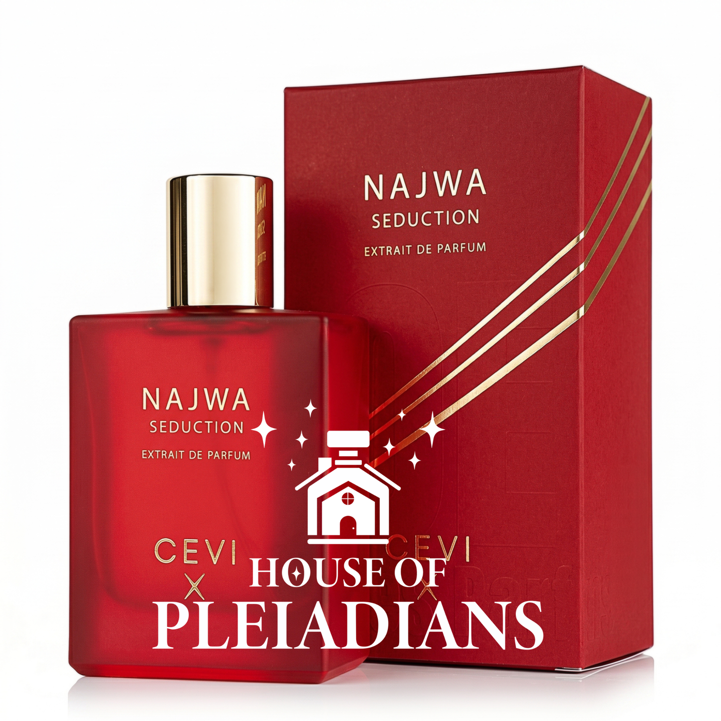 Najwa Seduction CEVI X perfume bottle and luxury red packaging UK