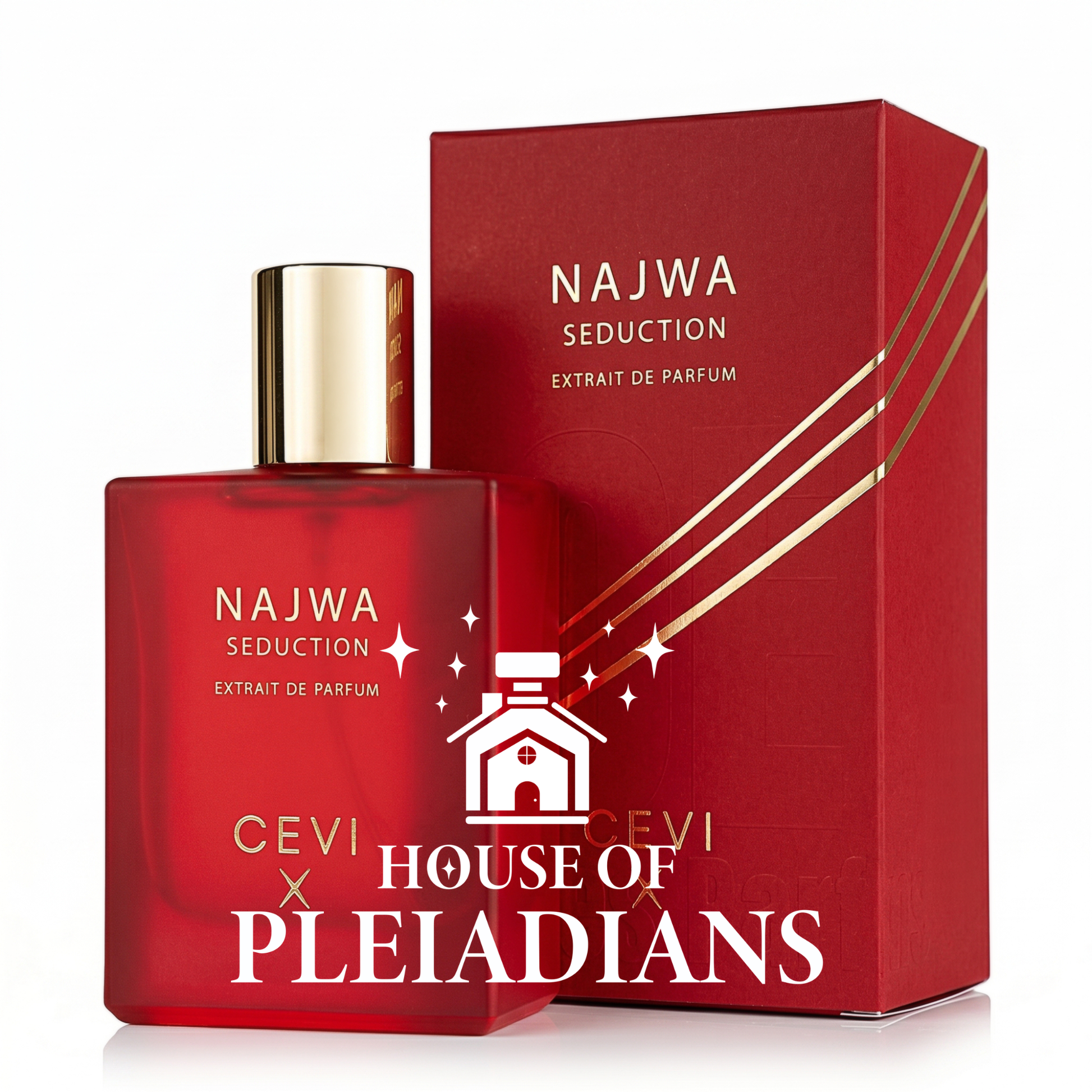 Najwa Seduction CEVI X perfume bottle and luxury red packaging UK