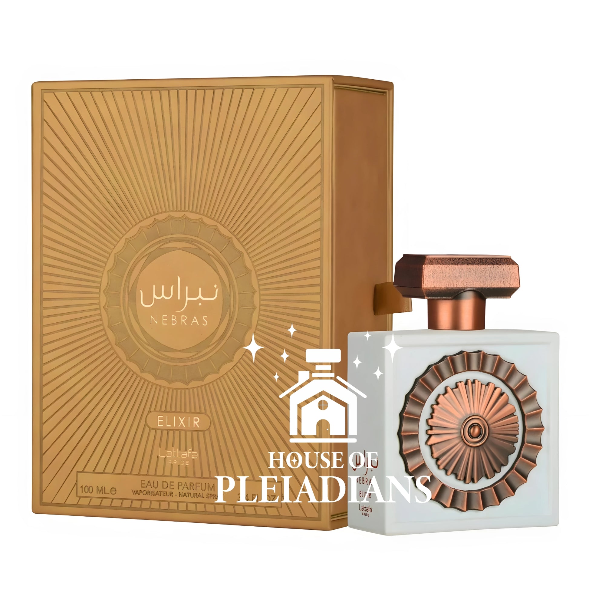 Nebras perfume bottle and packaging with 'House of Pleiadians' branding on a white background