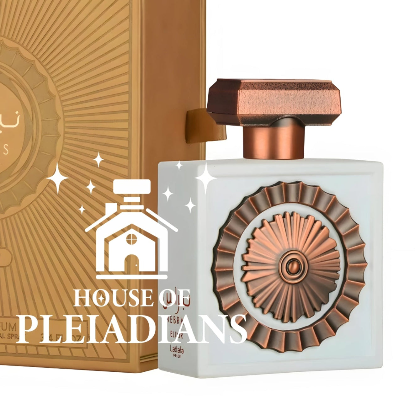 Nebras perfume bottle and packaging with 'House of Pleiadians' branding on a white background