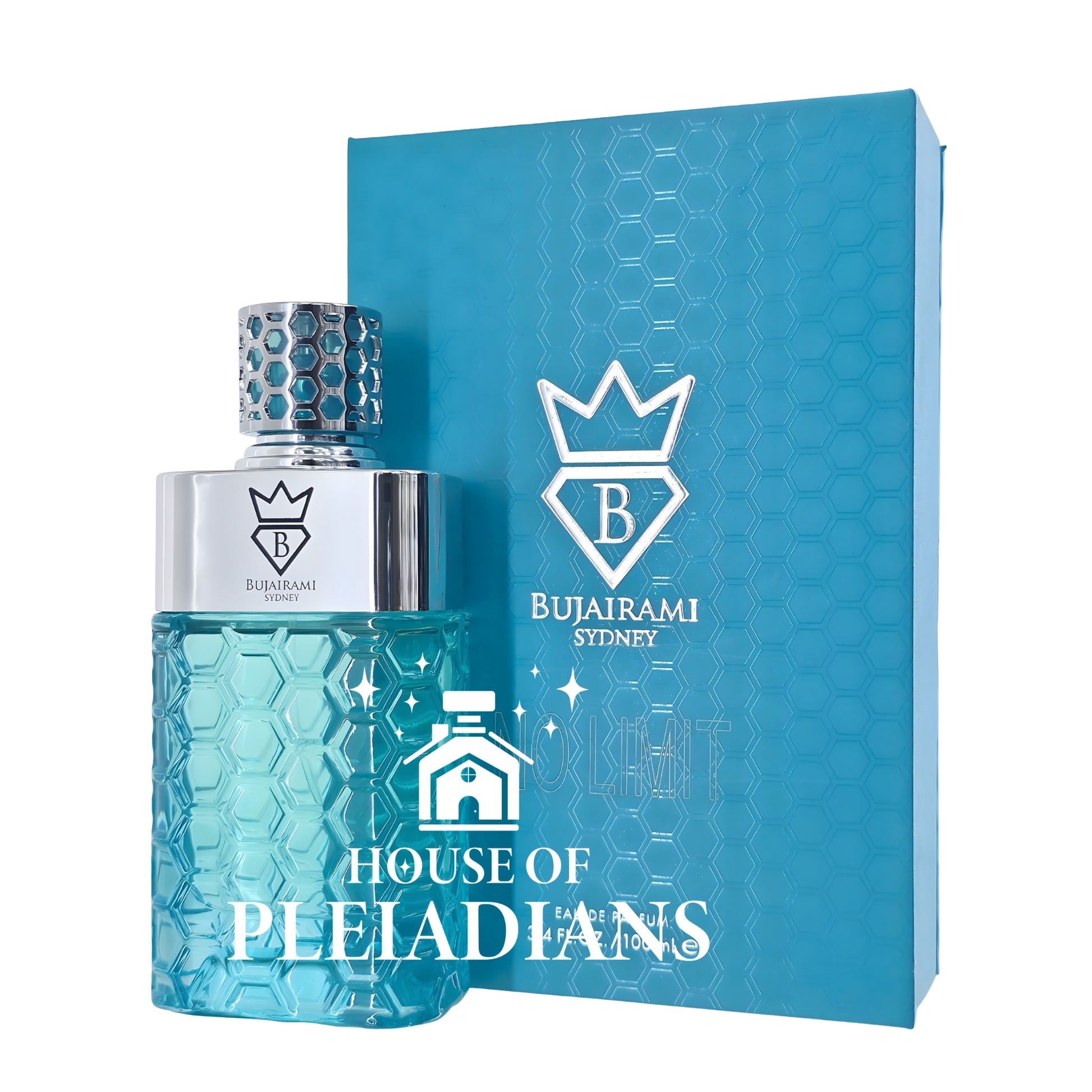 Bujairami Sydney perfume bottle and packaging with 'House of Pleiadians' branding.