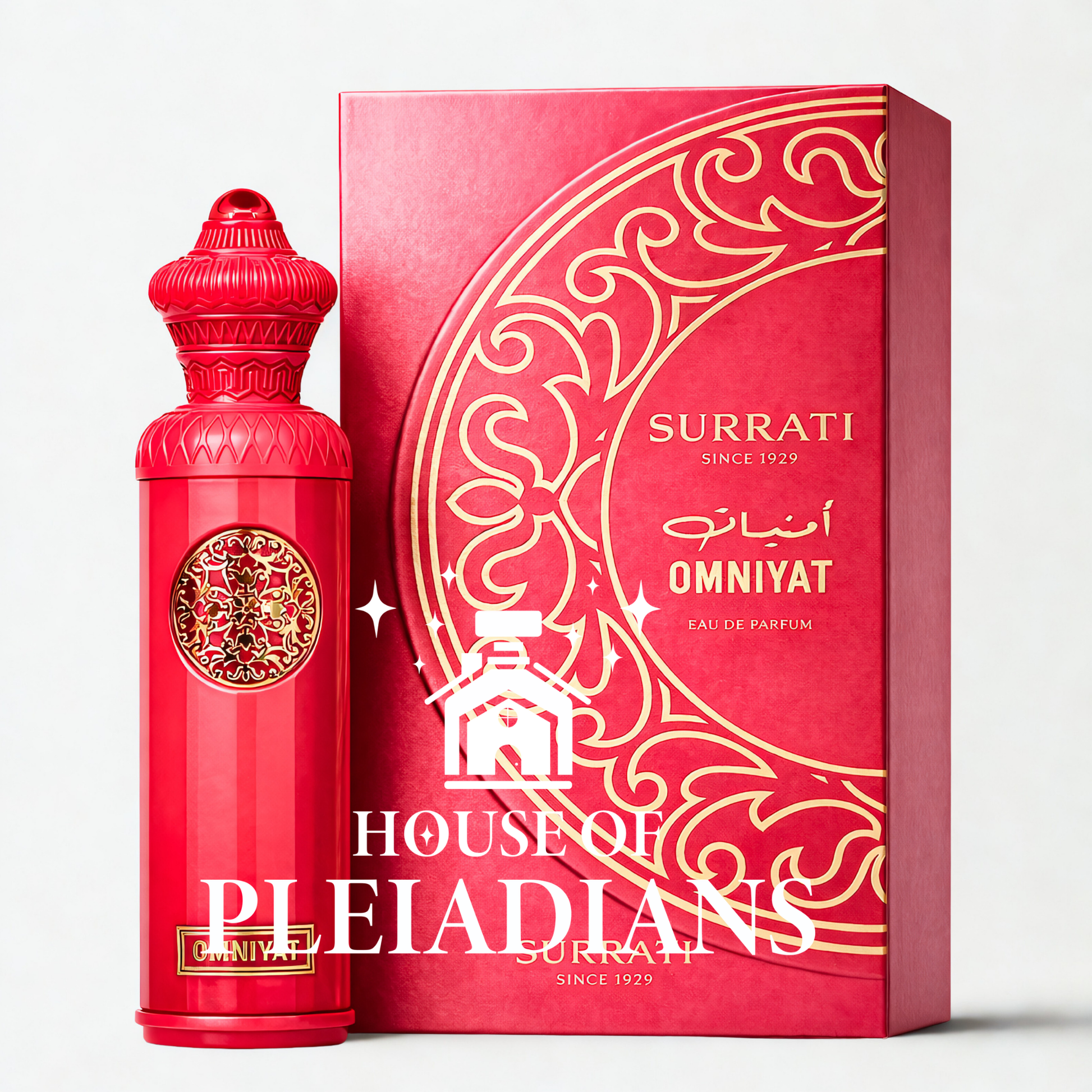 Red Surrati perfume bottle and packaging on a white background