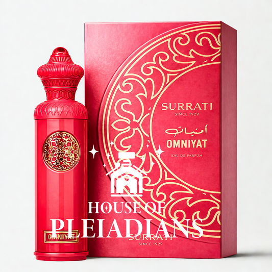 Red Surrati perfume bottle and packaging on a white background