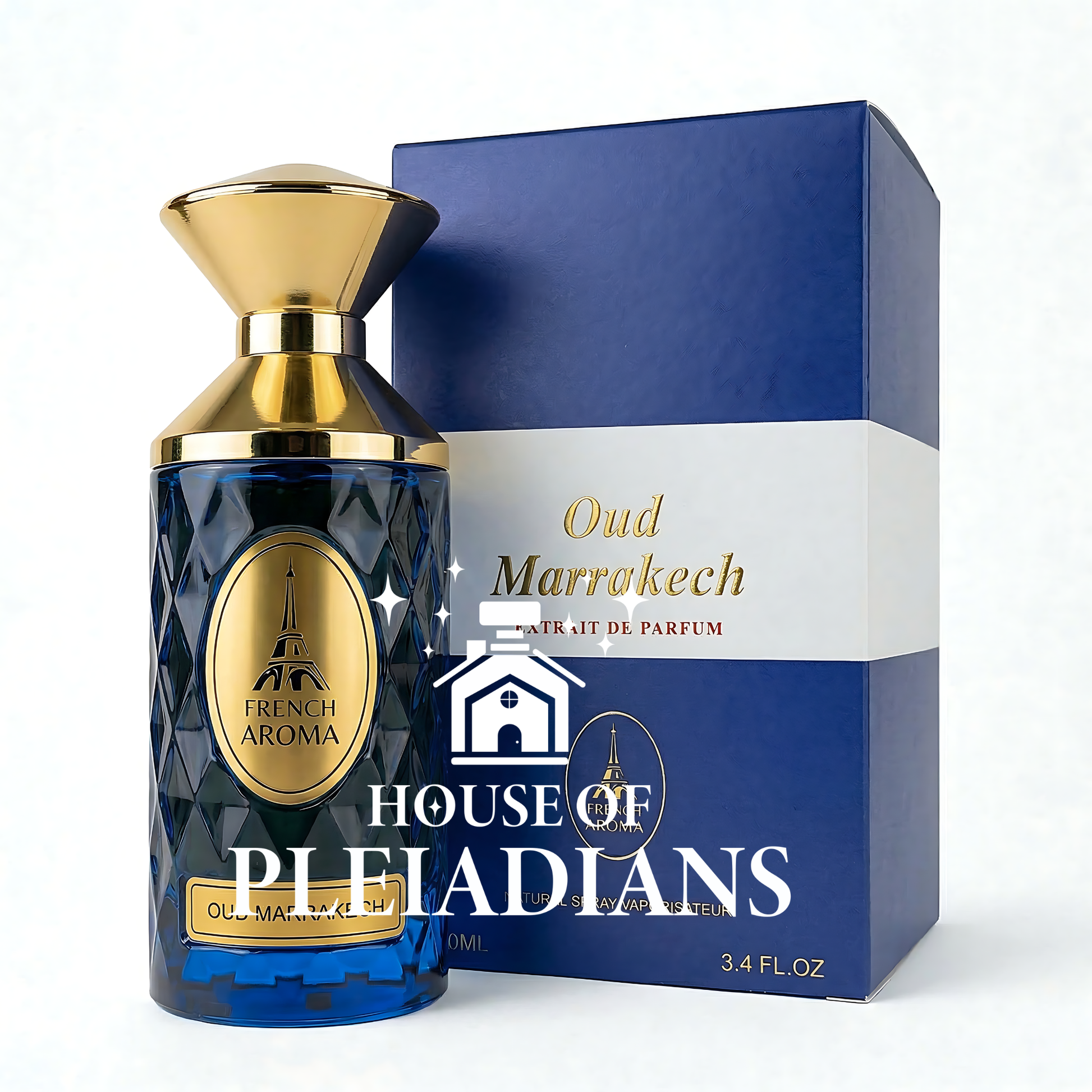 Perfume bottle and packaging of House of Pleiadians Oud Marrakech on a white background