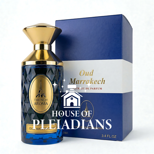 Perfume bottle and packaging of House of Pleiadians Oud Marrakech on a white background