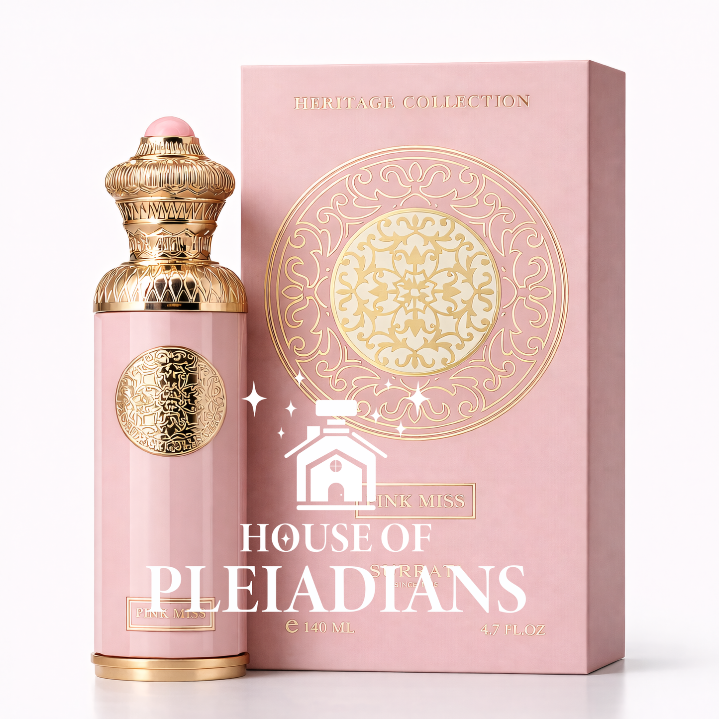 Pink and gold House of Pleiadians perfume bottle and packaging on a white background