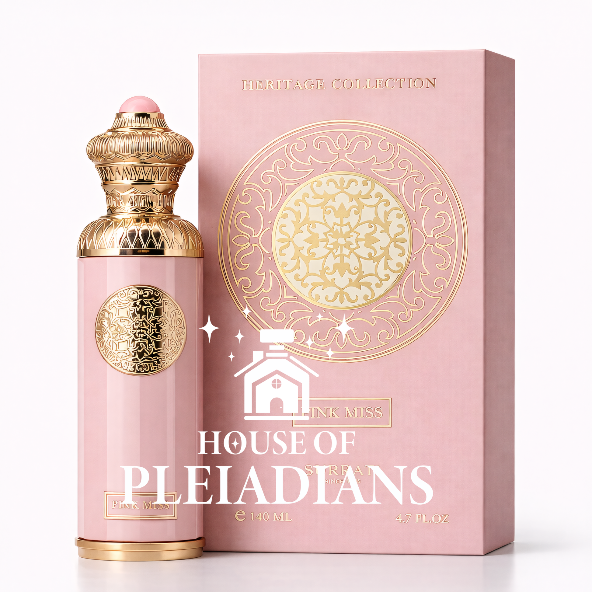 Pink and gold House of Pleiadians perfume bottle and packaging on a white background