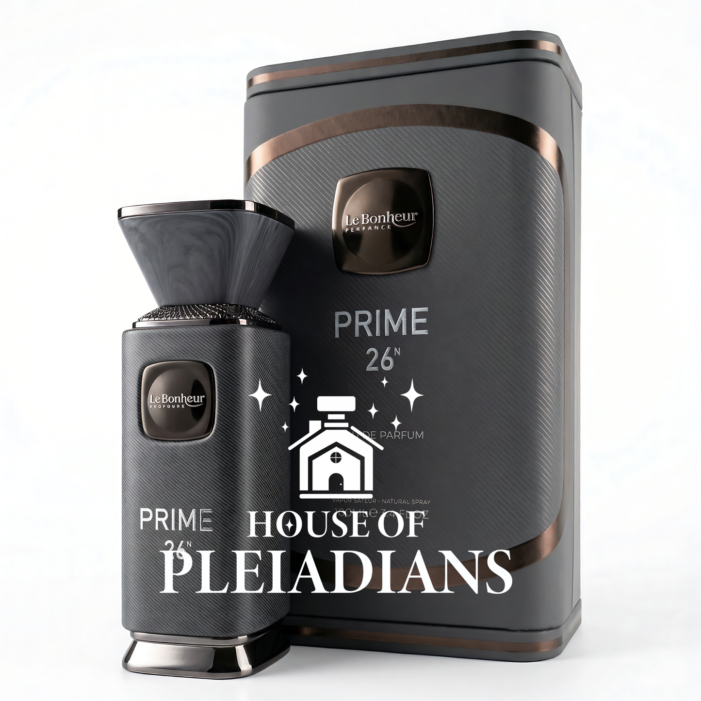 Two dark gray perfume bottles with 'House of Pleiadians' branding on a white background