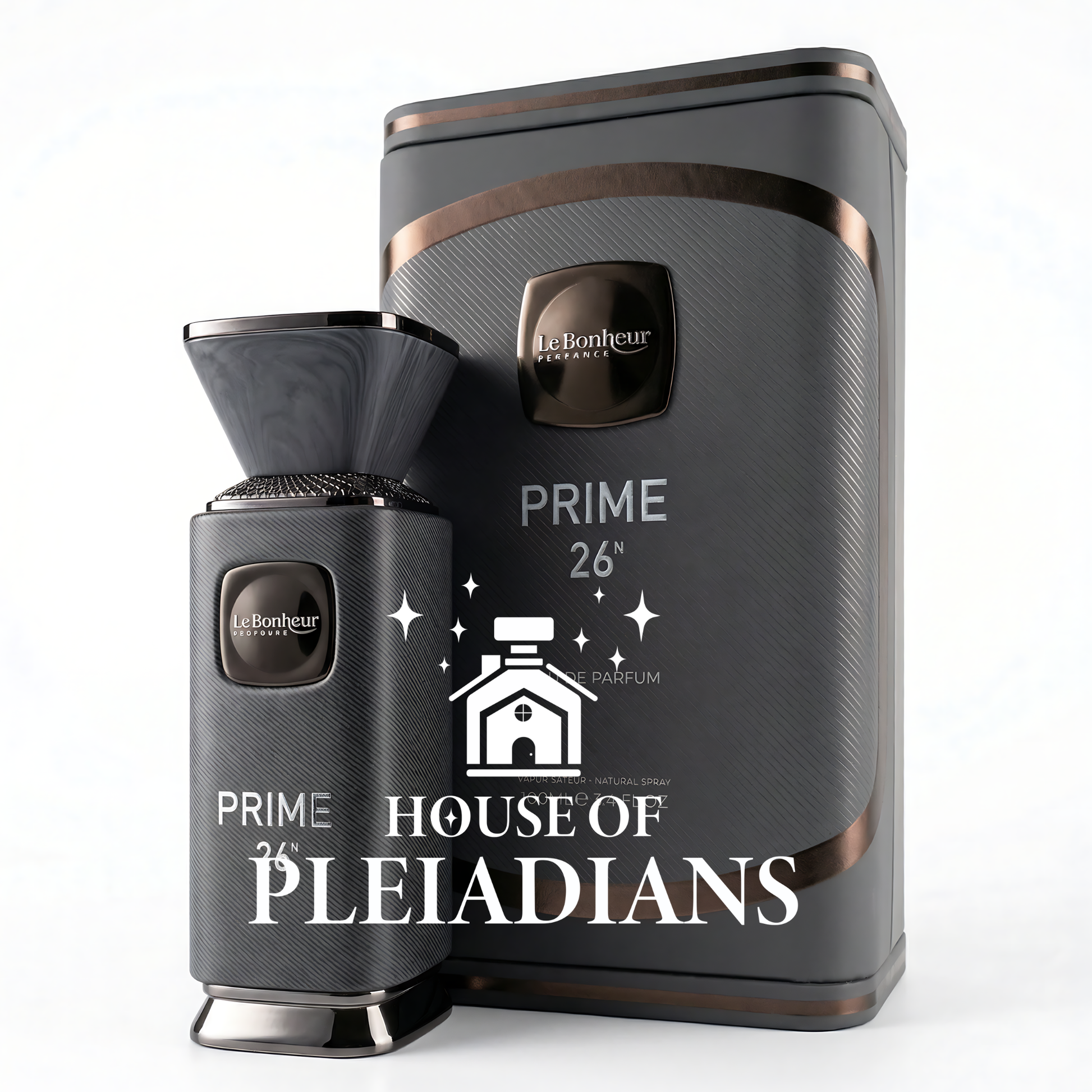 Two dark gray perfume bottles with 'House of Pleiadians' branding on a white background