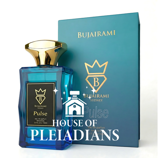 Blue perfume bottle with gold cap and Bujairami packaging on a white background