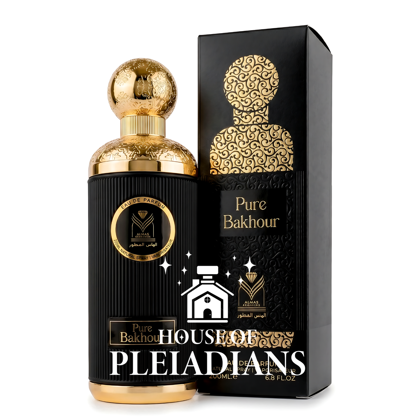 Almas Pure Bakhour 200ml Eau de Parfum black bottle with gold cap and box Middle Eastern perfume UK