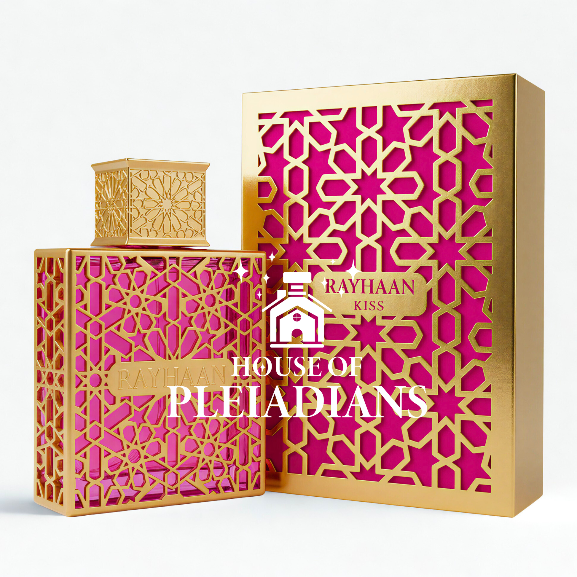 Gold and pink perfume bottle with intricate patterns and 'Rayhaan Kiss' branding on a white background.