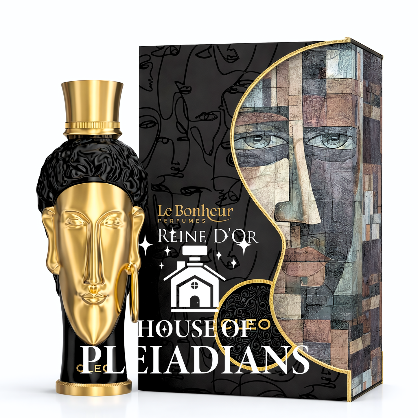 Perfume bottle with gold and black design next to its packaging on a white background