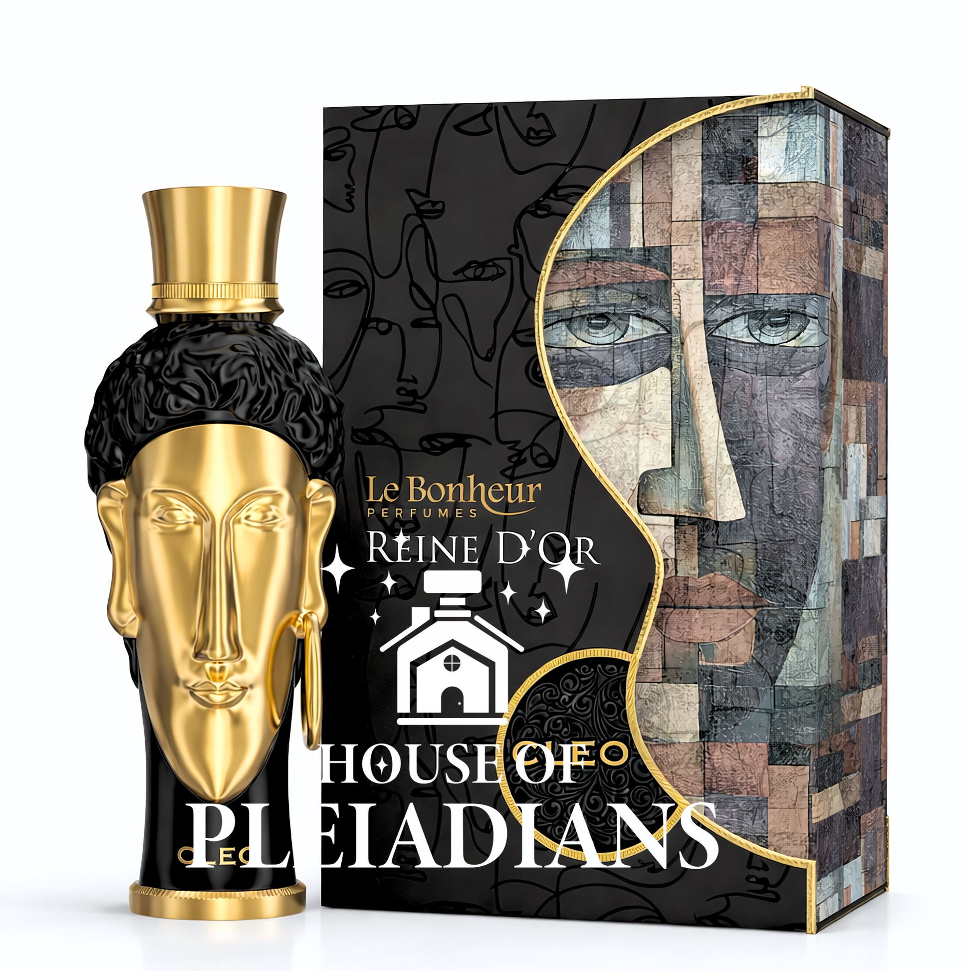 Perfume bottle with gold and black design next to its packaging on a white background