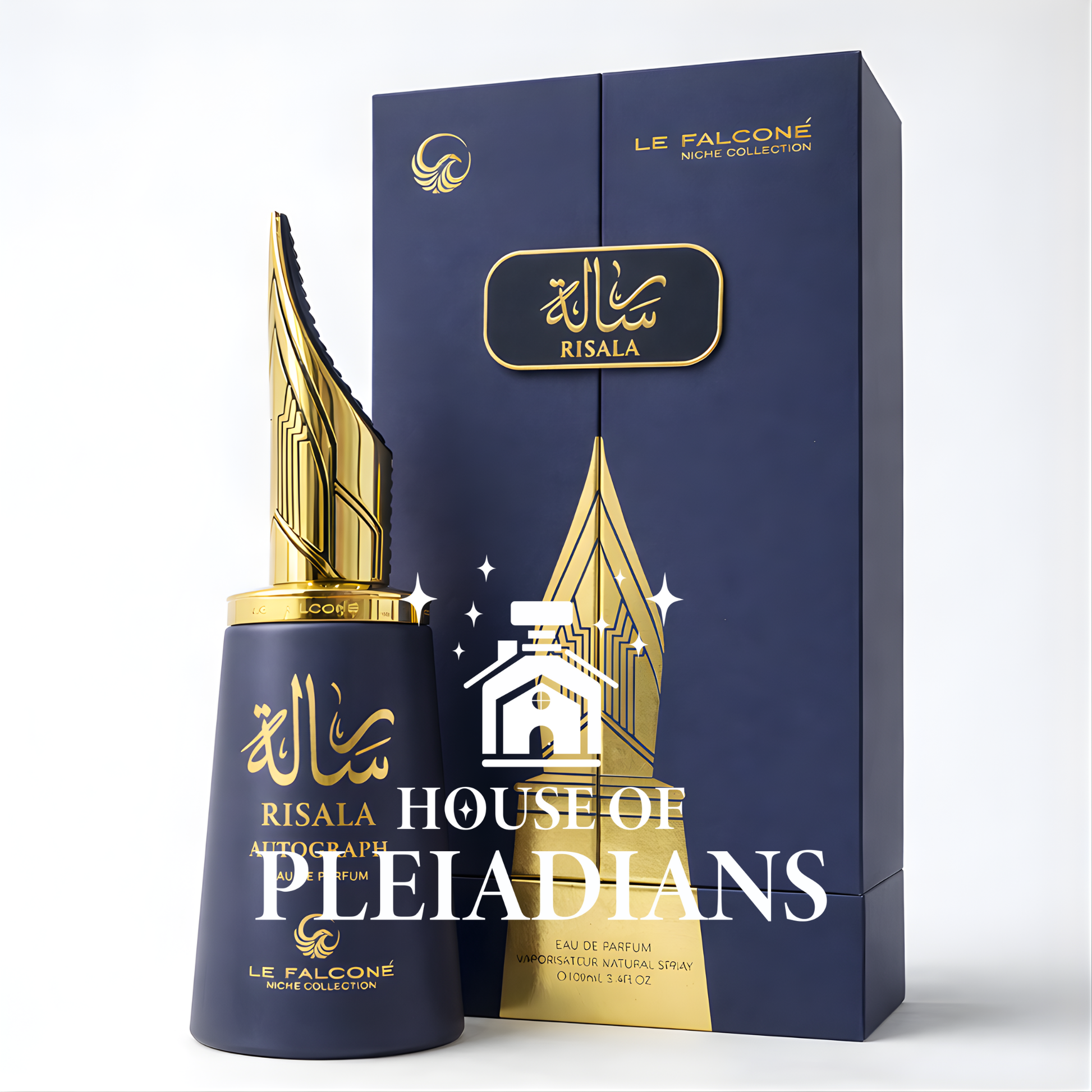 Perfume bottle and packaging with 'House of Pleiadians' branding on a white background