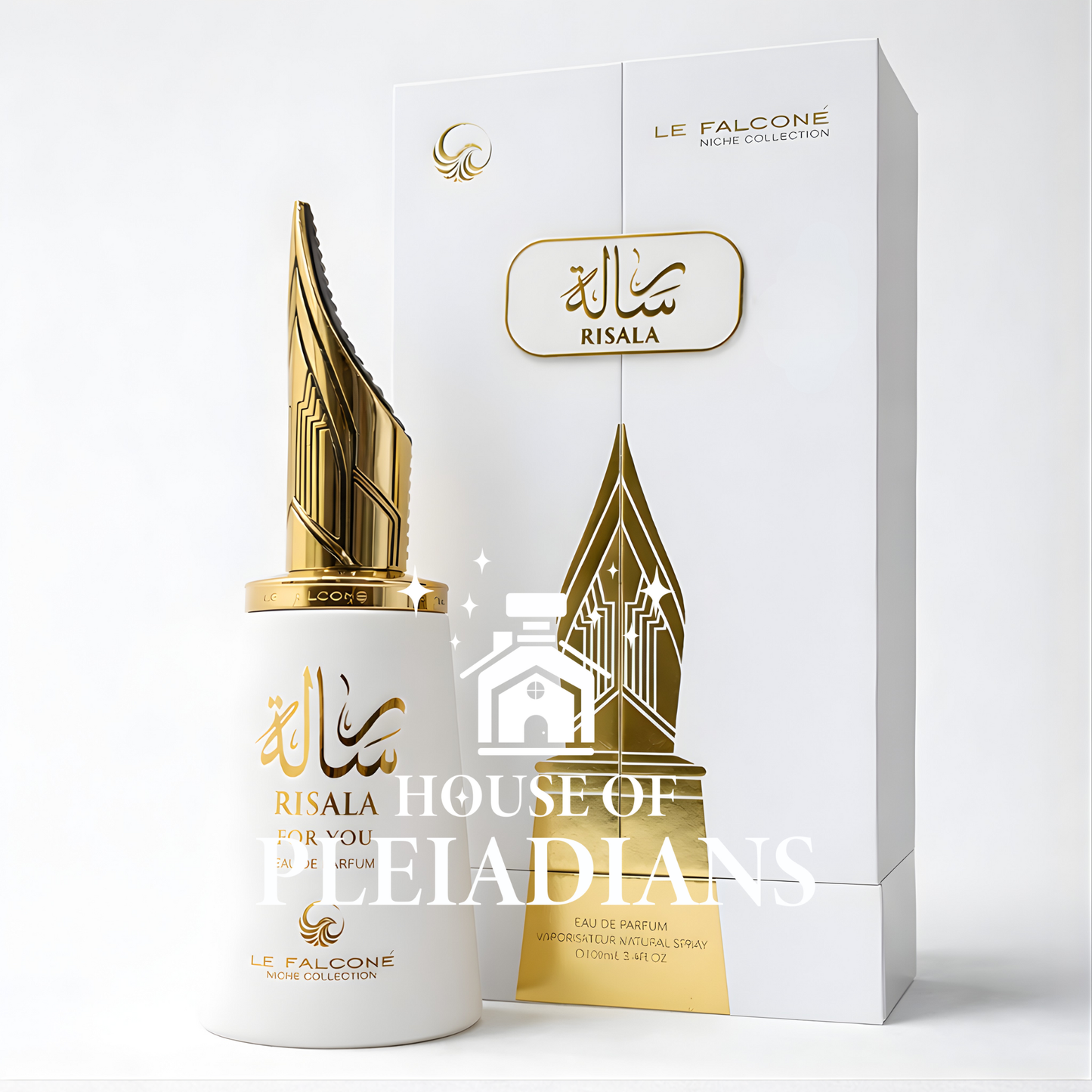 Perfume bottle and packaging with 'Le Falcone' branding on a white background
