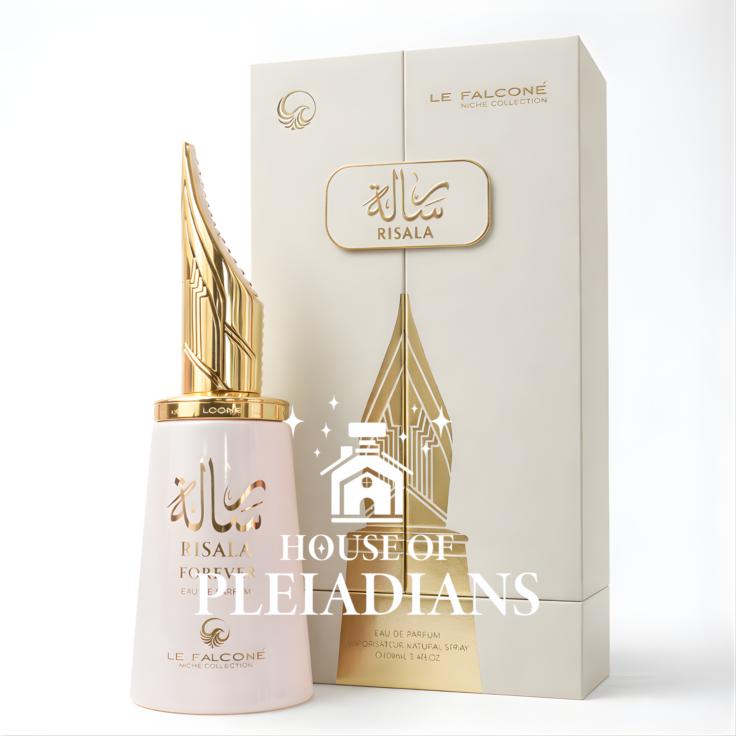 Perfume bottle and packaging with 'House of Pleiadians' branding on a white background