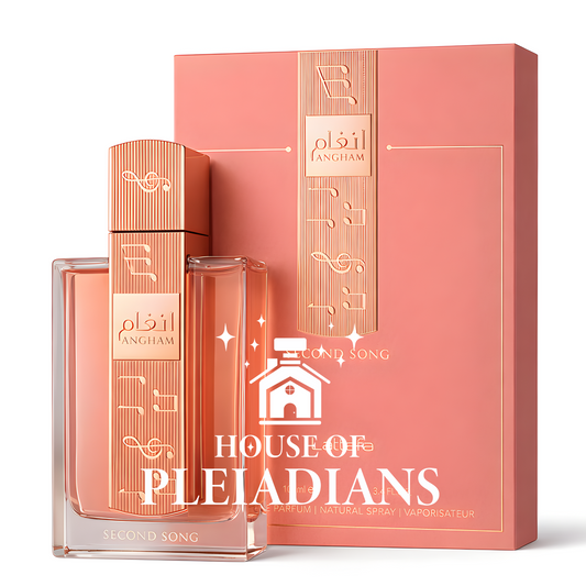 Perfume bottle and packaging of House of Pleiadians on a white background