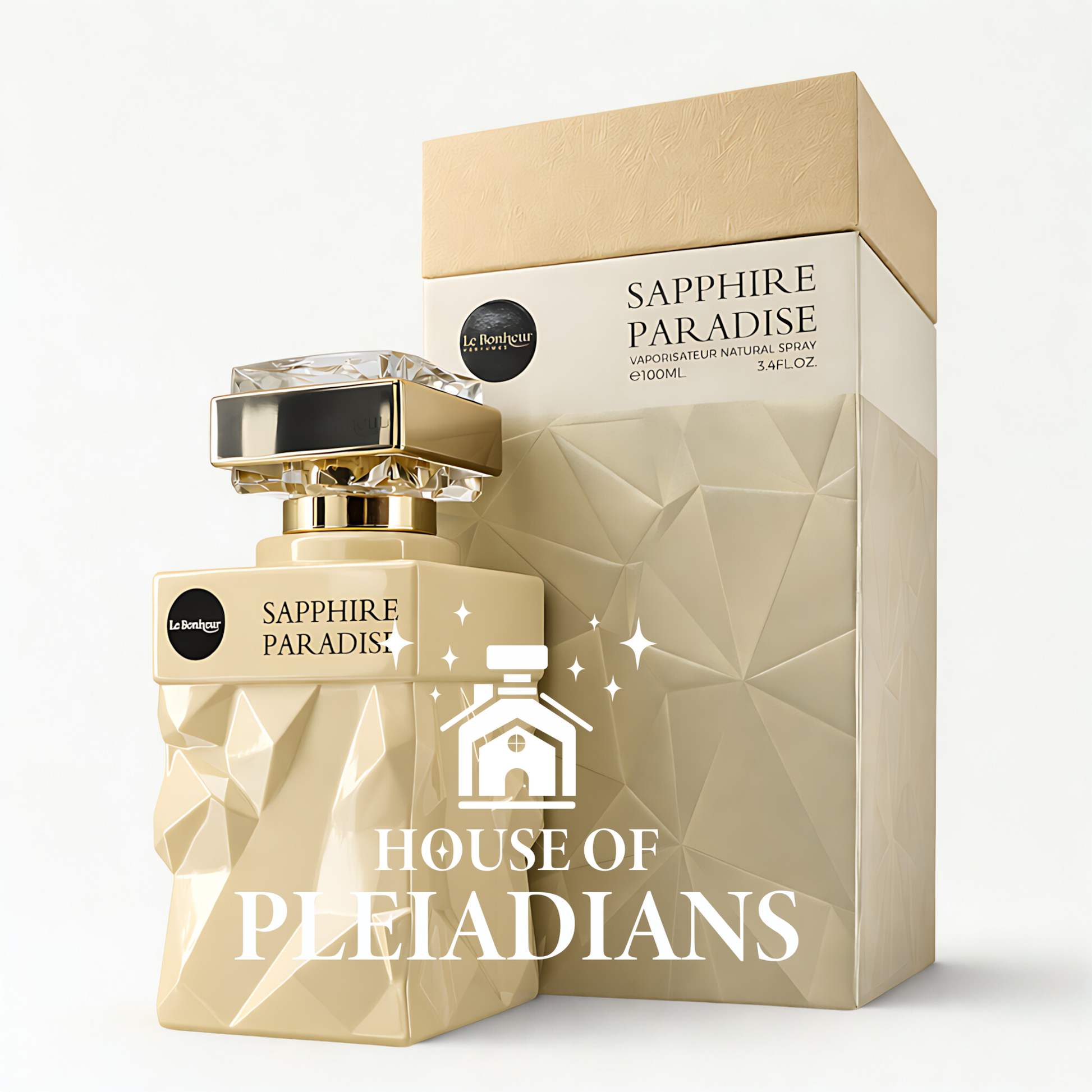 Perfume bottle and packaging of Sapphire Paradise by House of Pleiadians on a white background